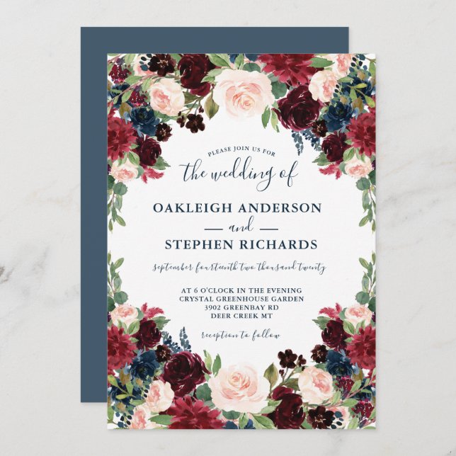 Chic Burgundy, Navy and Pink Floral Wedding Invitation (Front/Back)