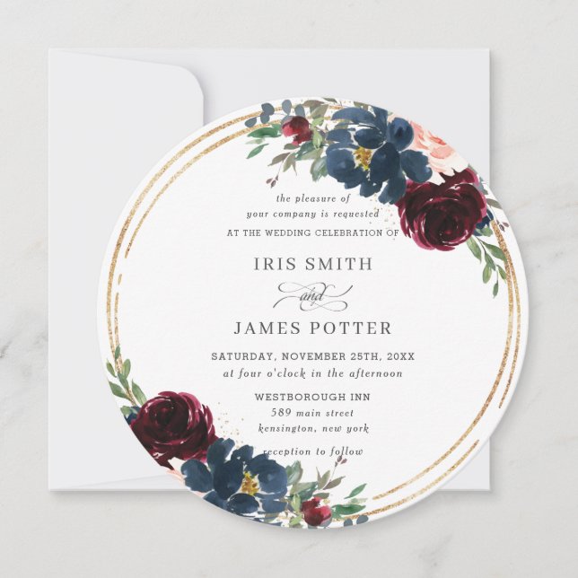 Chic Burgundy Navy Blue Blush Floral Wedding Invitation (Front)