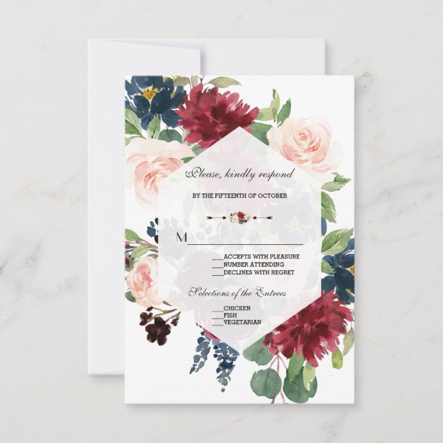 Chic Burgundy Navy Floral Frame Wedding RSVP Card (Front)