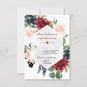 Chic Burgundy Navy Floral Frame Wedding RSVP Card