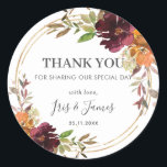 Chic Burgundy Orange Floral Autumn Fall Wedding  Classic Round Sticker<br><div class="desc">These chic sticker labels feature a circle gold glitter frame adorned by beautiful watercolor burgundy, burnt orange floral and autumn foliage bouquets. Personalise them with your details easily and quickly, simply press the customise it button to further re-arrange and format the style and placement of the text. These versatile design...</div>