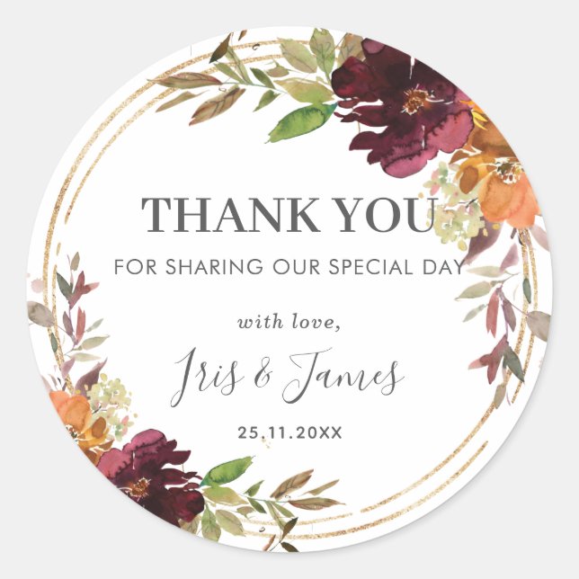Chic Burgundy Orange Floral Autumn Fall Wedding  Classic Round Sticker (Front)