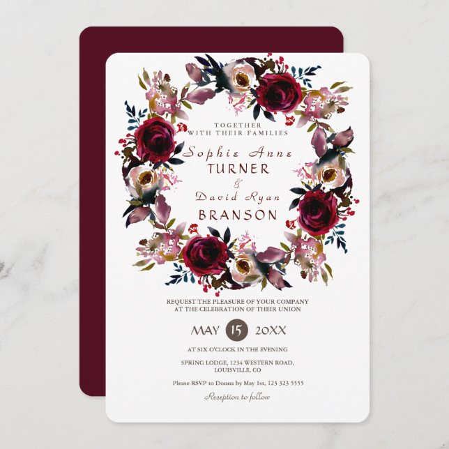 Chic Burgundy Peach Floral Wreath Wedding Invitation (Front/Back)