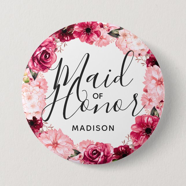 Chic Burgundy & Pink Floral Wreath Maid of Honour 7.5 Cm Round Badge (Front)