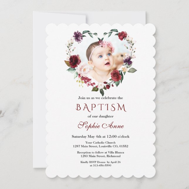 Chic Burgundy Pink Flowers Floral Photo Baptism Invitation (Front)