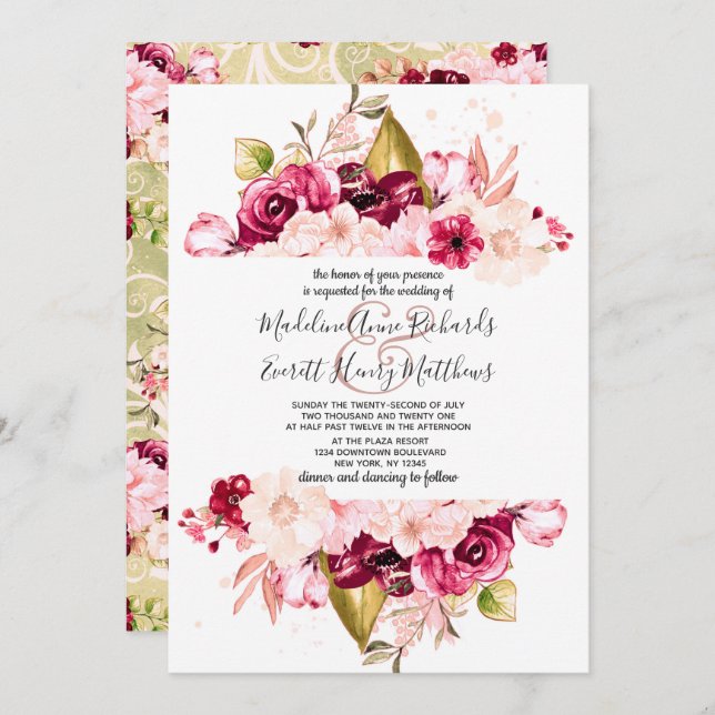 Chic Burgundy & Pink Flowers Wedding Invitations (Front/Back)