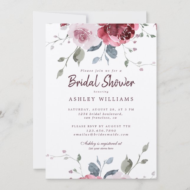 Chic Burgundy Pink Rose Bridal Shower Invitation (Front)