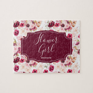 Chic Burgundy & Pink Watercolor Floral Flower Girl Jigsaw Puzzle