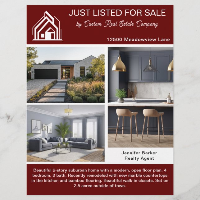 Chic Burgundy Real Estate Home Listing 2 Sided Flyer (Front)