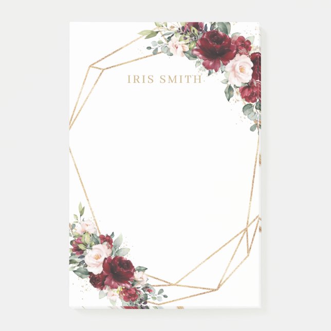 Chic Burgundy Red Blush Pink Floral Gold Geometric Post-it Notes (Front)