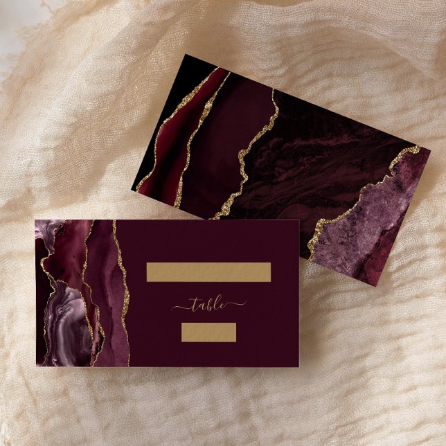 Chic Burgundy Red Gold Agate Wedding Escort Place Card (Creator Uploaded)