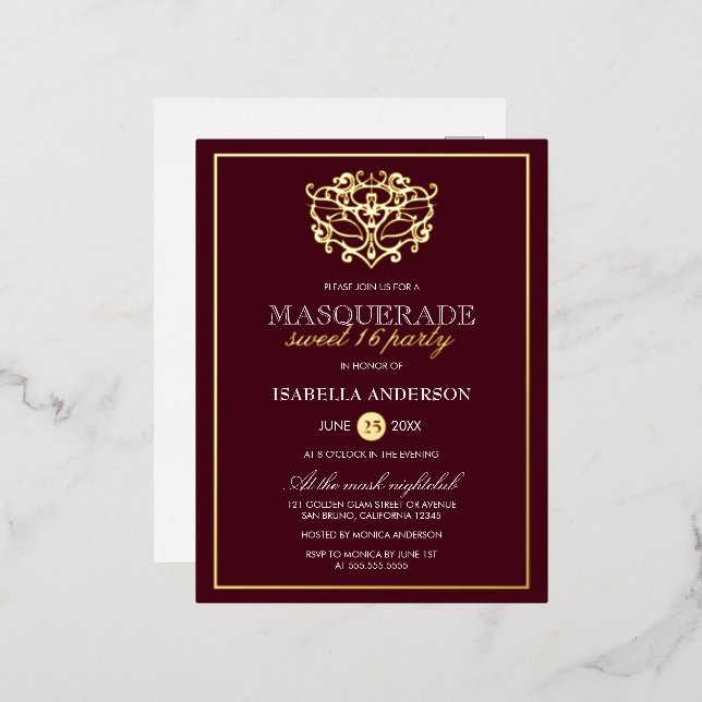 Chic Burgundy Red & Gold Masquerade Sweet 16 Party Foil Invitation Postcard (Front/Back)