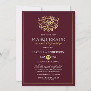 Chic Burgundy Red & Gold Masquerade Sweet 16 Party Invitation