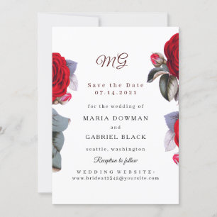 Chic Burgundy Red rose. Blossom Nature Wedding Save The Date