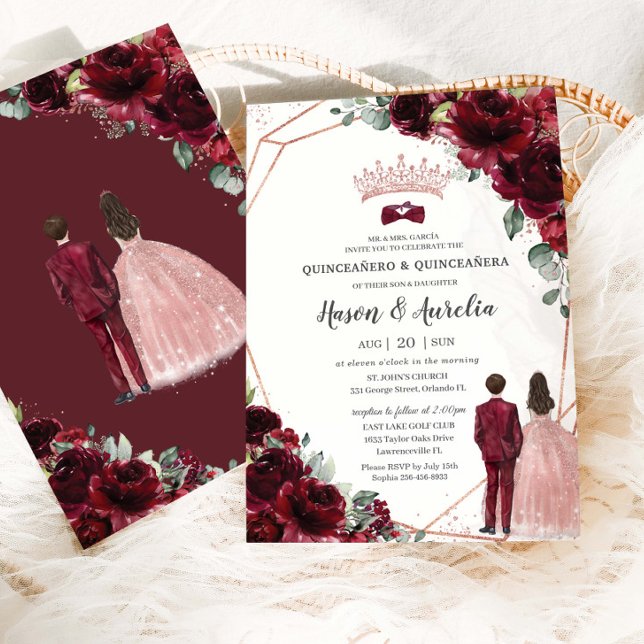 Chic Burgundy Rose Gold Twins Boy Girl Quinceanera Invitation (Creator Uploaded)
