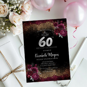 Chic Burgundy Roses Black 60th Birthday Invitation