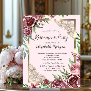 Chic Burgundy Roses Gold Frame Retirement  Invitation