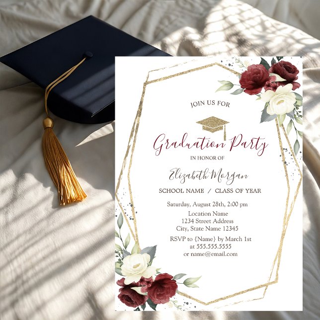Chic Burgundy Roses,Grad Cap,Graduation  Invitation (Creator Uploaded)