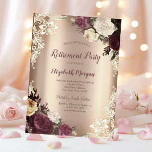 Chic Burgundy Roses,Lace Retirement Invitation