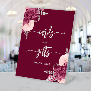 Chic Burgundy Silver Floral Wedding Cards Gifts Pedestal Sign