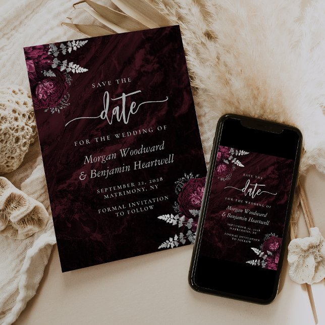 Chic Burgundy Silver Floral Wedding Save the Date Invitation (Creator Uploaded)