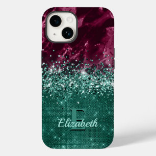Chic Burgundy Teal Mint Glitter Marble Monogram Case-Mate iPhone 14 Case