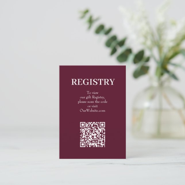 Chic Burgundy Wedding Registry QR Code Enclosure Card (Standing Front)