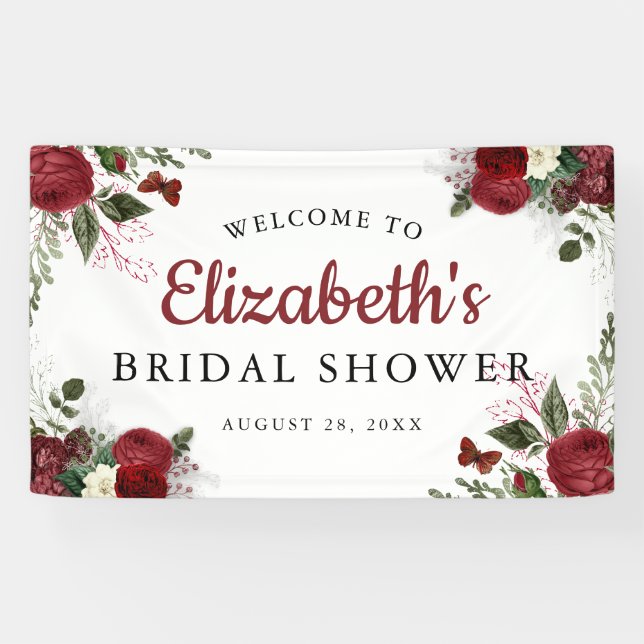 Chic Burgundy & White Floral Bridal Shower Banner (Horizontal)