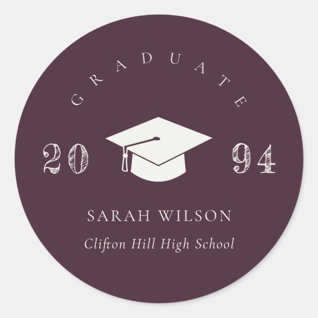 Chic Burgundy Wine Minimal Simple Graduation Classic Round Sticker (Front)