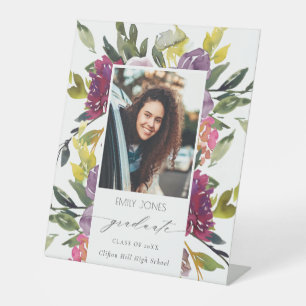 Chic Burgundy Yellow Pink Floral Photo Graduation Pedestal Sign