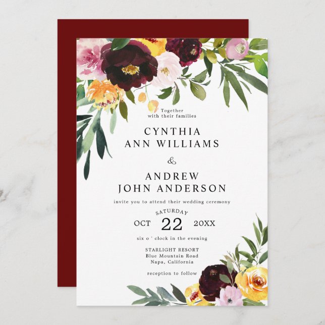 Chic Burgundy Yellow Watercolor Floral Wedding Invitation (Front/Back)
