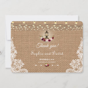 Chic Burlap Lace String Lights Wedding Thank you Card