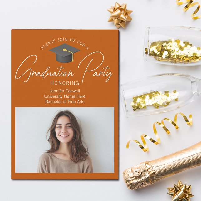 Chic Burnt Orange Graduate Photo Graduation Party Invitation (Creator Uploaded)