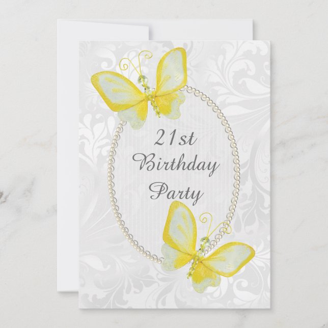 Chic Butterflies Damask 21st Birthday Double Sided Invitation (Front)