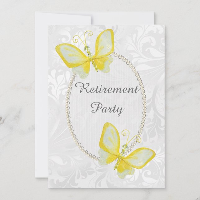 Chic Butterflies Damask Retirement Double Sided Invitation (Front)