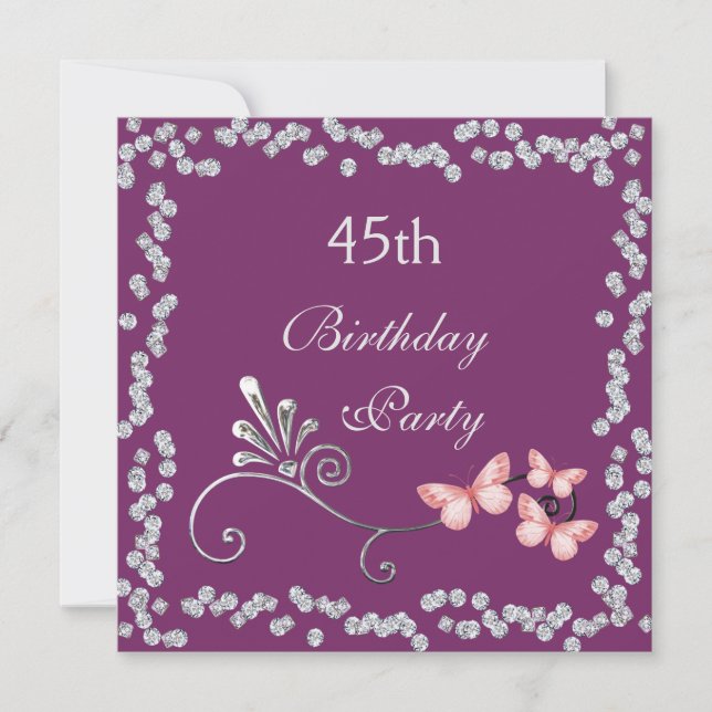 Chic Butterflies & Diamonds 45th Birthday Invitation (Front)