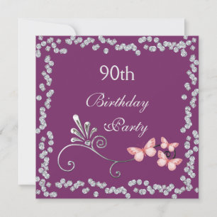 Chic Butterflies & Diamonds 90th Birthday Invitation