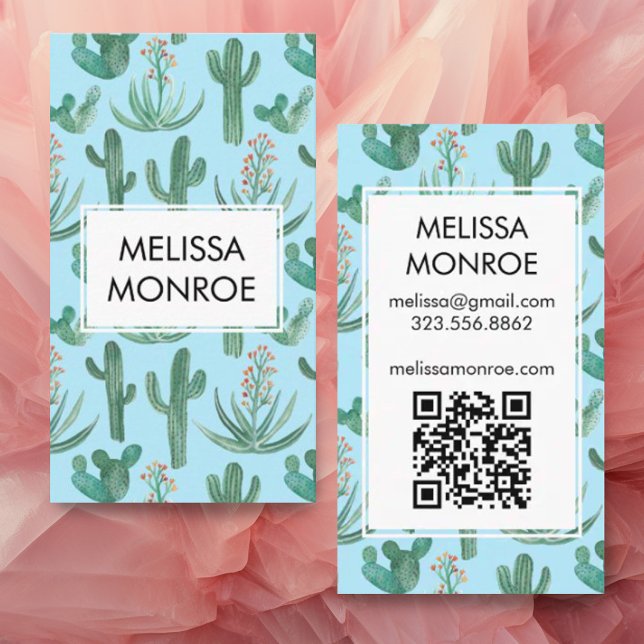 Chic Cacti & Succulents Desert Watercolor QR Code  Business Card (Cute custom business cards with QR codes and cactus design in light blue)