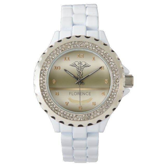 Chic Caduceus Symbol | RN Nurses Nursing Gold Glam Watch (Front)