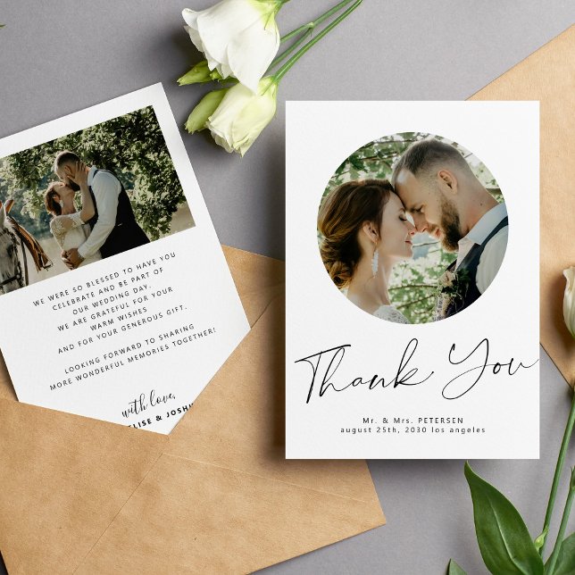 Chic calligraphy 2 photo wedding thank you card (Creator Uploaded)