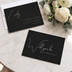 Chic Calligraphy Black Bridesmaid Proposal Card