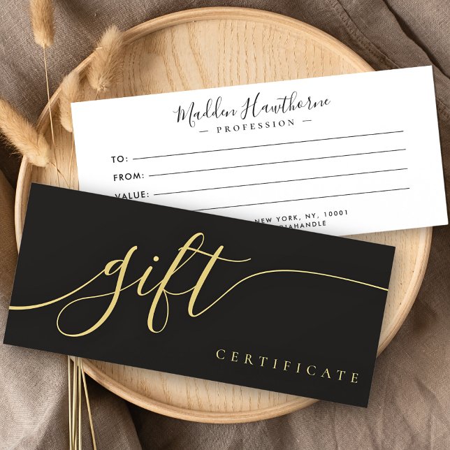 Chic Calligraphy Black Gold Gift Certificate Card (Creator Uploaded)