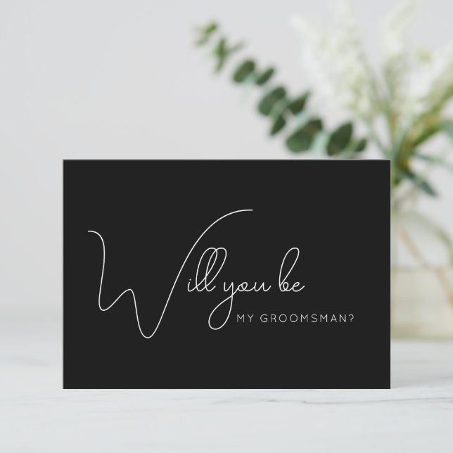 Chic Calligraphy Black Groomsman Proposal Card (Standing Front)