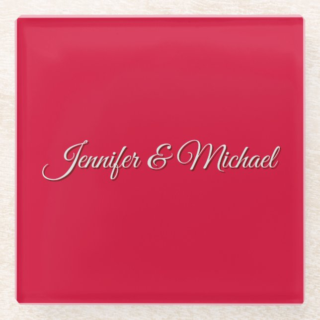 Chic Calligraphy Elegant Cherry Red Personalised Glass Coaster (Front)