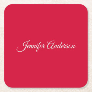 Chic Calligraphy Elegant Cherry Red Personalised Square Paper Coaster