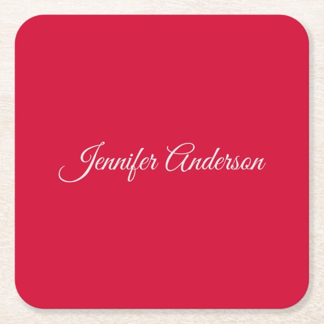 Chic Calligraphy Elegant Cherry Red Personalised Square Paper Coaster (Front)