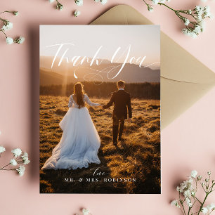 Chic Calligraphy Elegant Wedding Photo  Thank You Card