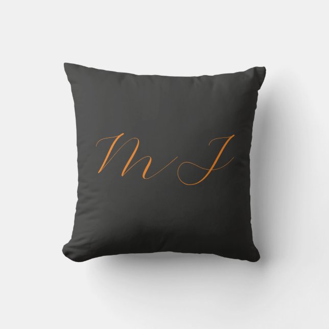 Chic calligraphy grey orange monogram name initial cushion (Front)