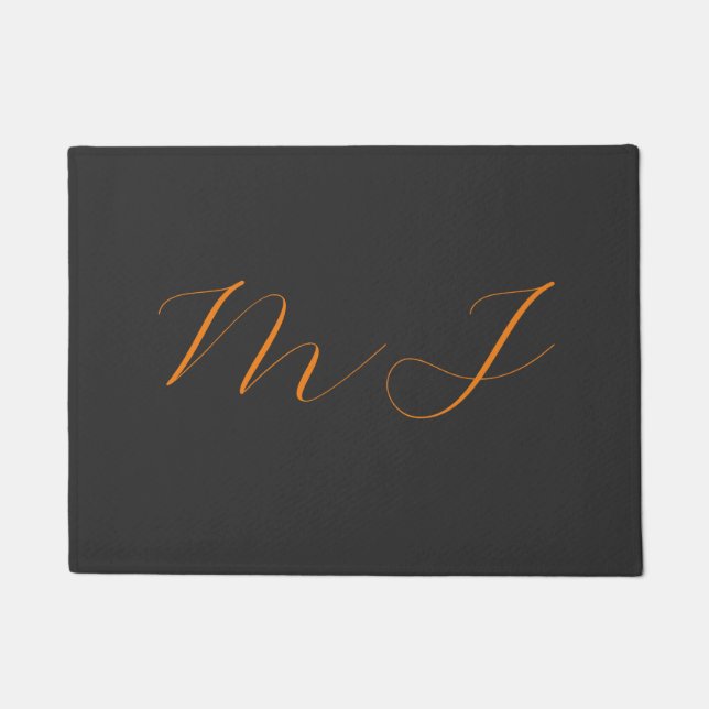 Chic calligraphy grey orange monogram name initial doormat (Front)