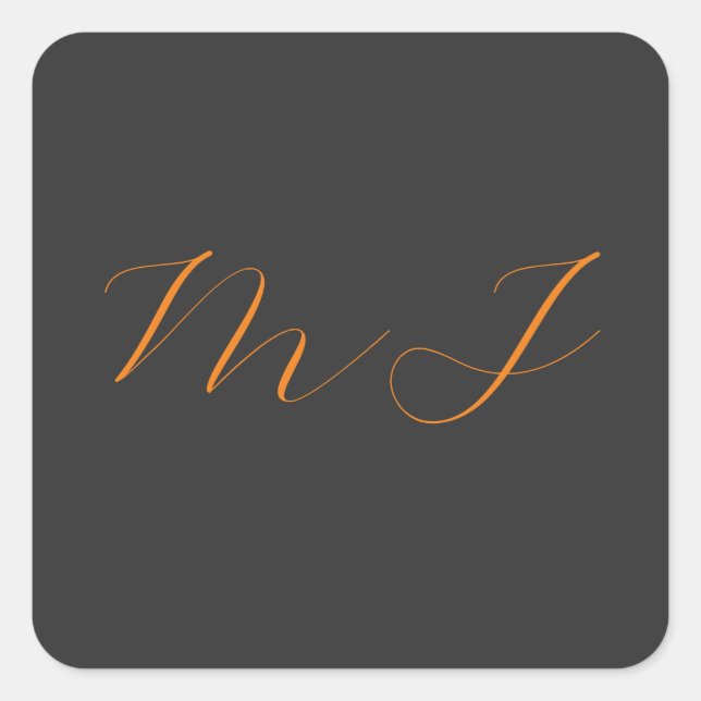 Chic calligraphy grey orange monogram name initial square sticker (Front)
